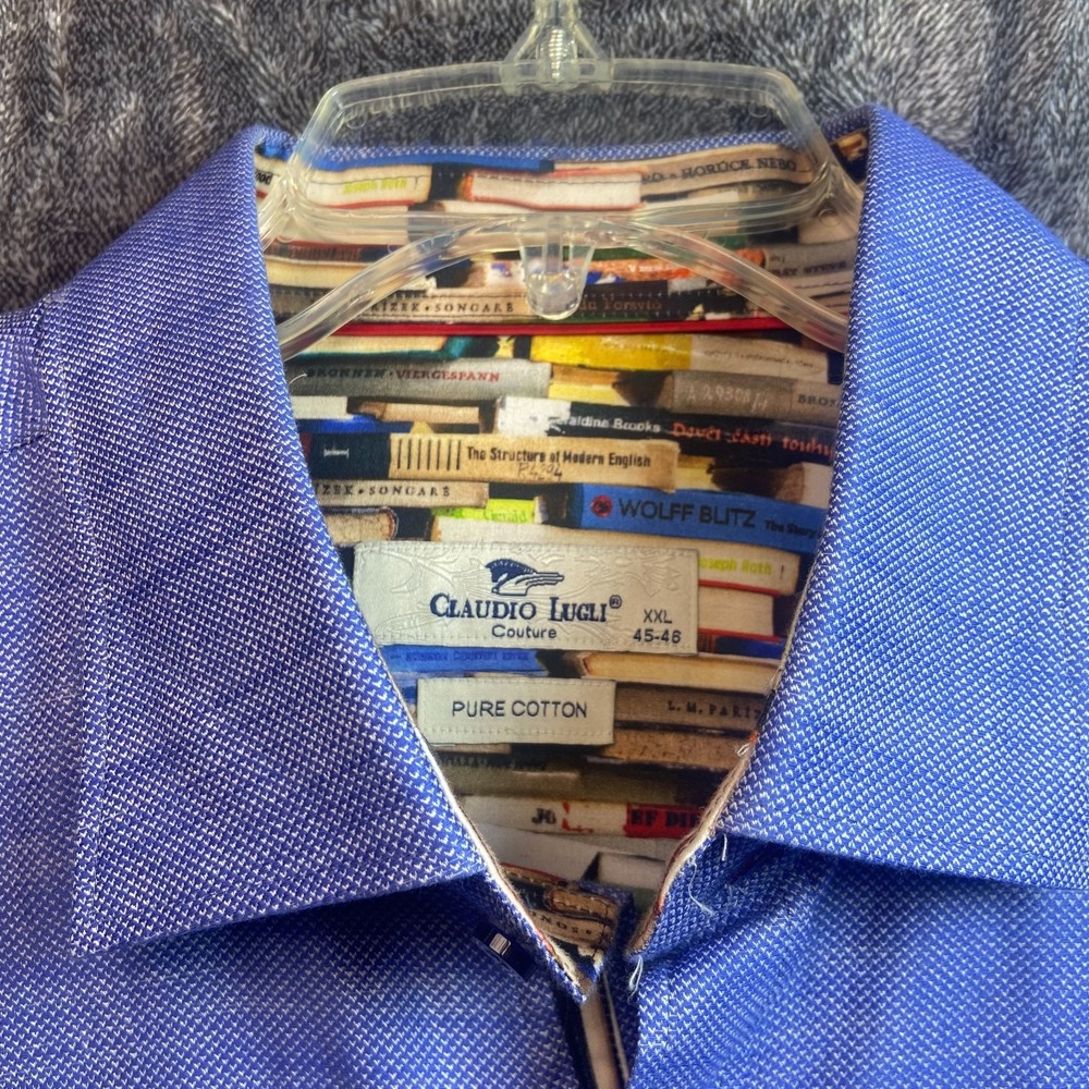 Claudio‎ Luglio Shirt Mens XXL Long Sleeve Blue Books Contrast Cuffs Cotton